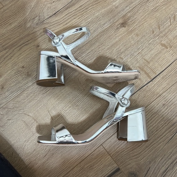 Miu Miu Metallic Silver Leather Ankle Strap Block Heel Sandals - Picture 14 of 15